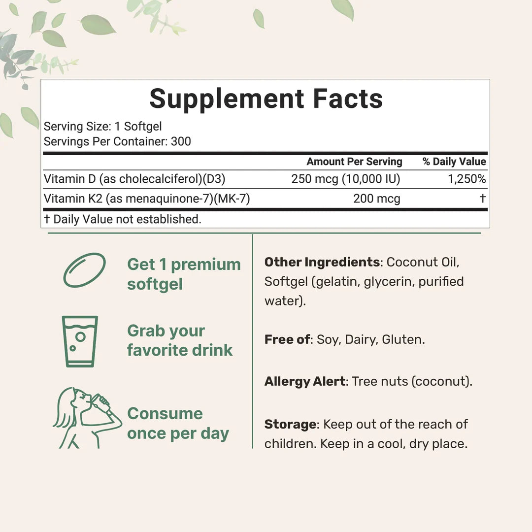 Vitamin D3 + K2 10,000 IU | Bone & Immune Support