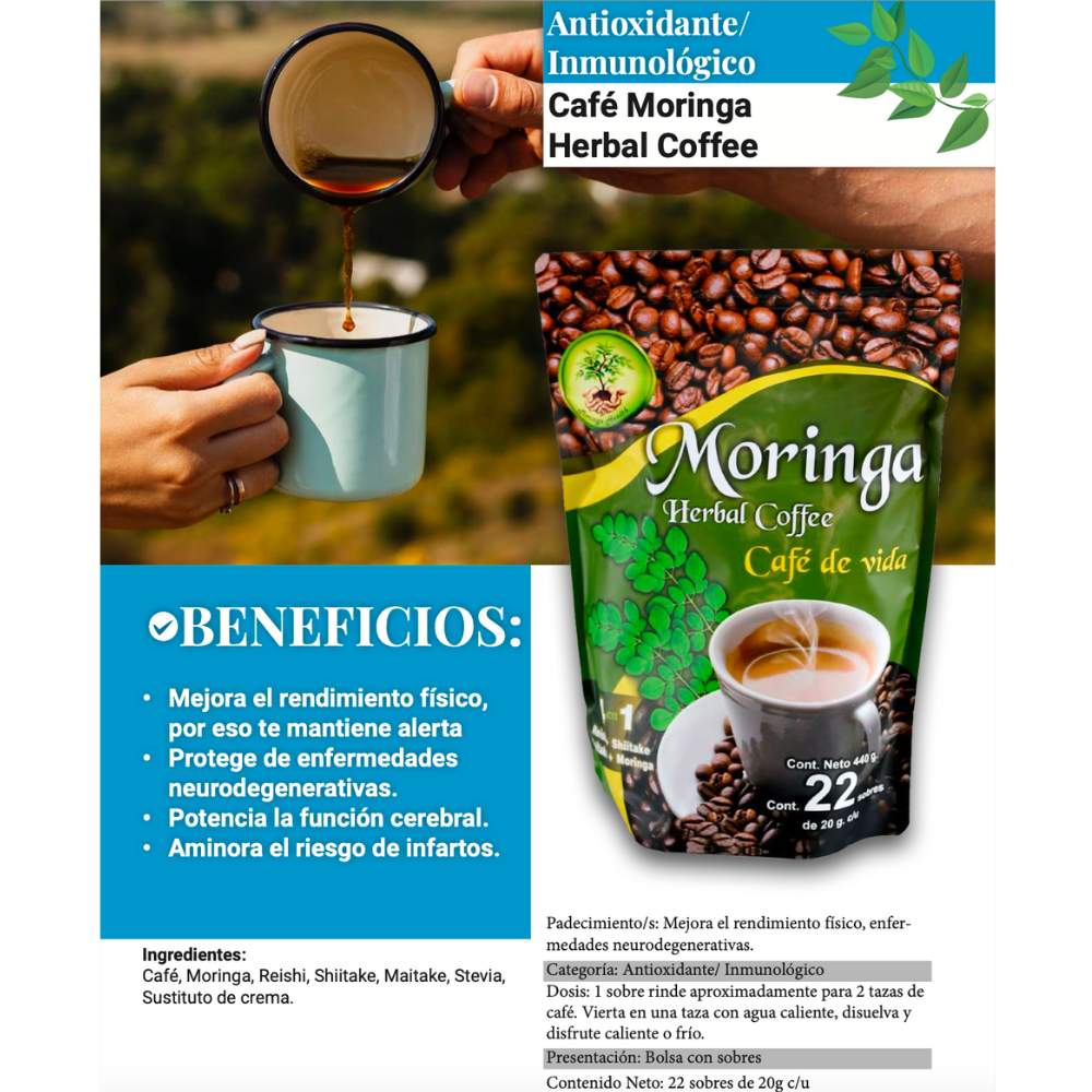 Moringa Herbal Coffee – Café de Vida with Shiitake & Moringa | 22 Sachets (440g)