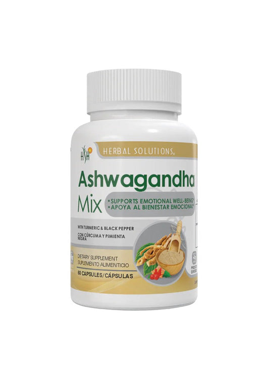 Ashwagandha Mix Herbal Supplement | Stress Balance & Daily Wellness Support with Turmeric & Black Pepper | 60 Capsules
Mezcla Herbal de Ashwagandha | Equilibrio del Estrés y Bienestar Diario con Cúrcuma y Pimienta Negra | 60 Cápsulas